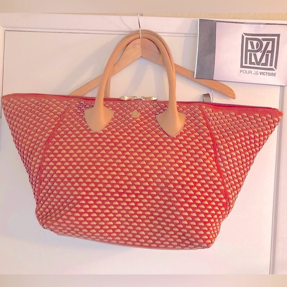 Pour La Victoire Leather basketweaved Authentic Extra Large Tote  Tan/Orange - Picture 2 of 16